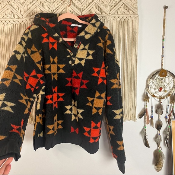 Sonoma NWT Sherpa Henley Button Aztec Faux Fur Boho Hoodie Size Large - Picture 11 of 11